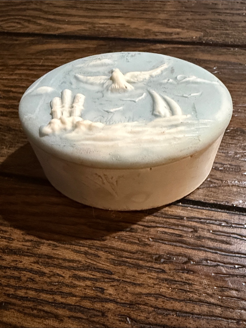 Blue Oval Soapstone Trinket Box White Nautical Scene in Relief Signed R Nemith
